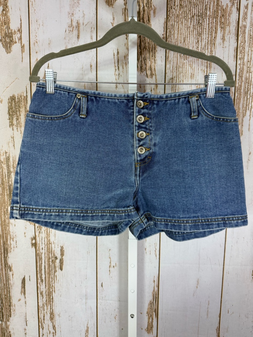 No Excuses, High-Rise Button-Fly Denim Shorts in Blue. Y2K. Size 9/10.